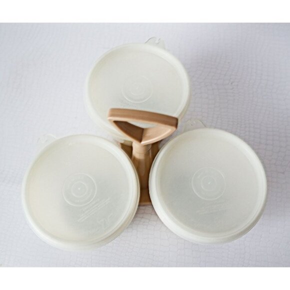 Vintage Tupperware Serve ‘n Store 3-pc Condiment Set with Caddy Carrier Almond - Picture 2 of 5